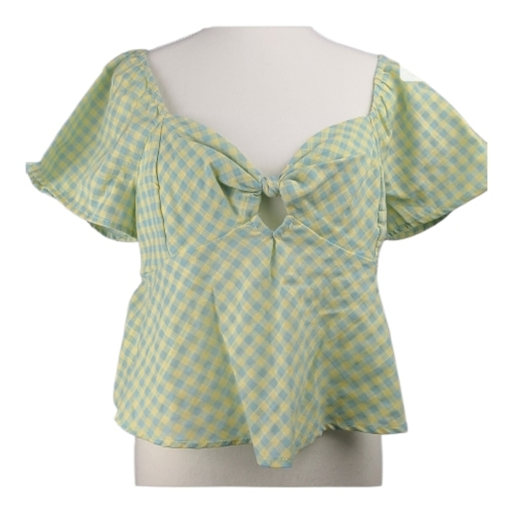 Urban Romantics Gingham Blouse NWT Green Yellow Short Sleeve L